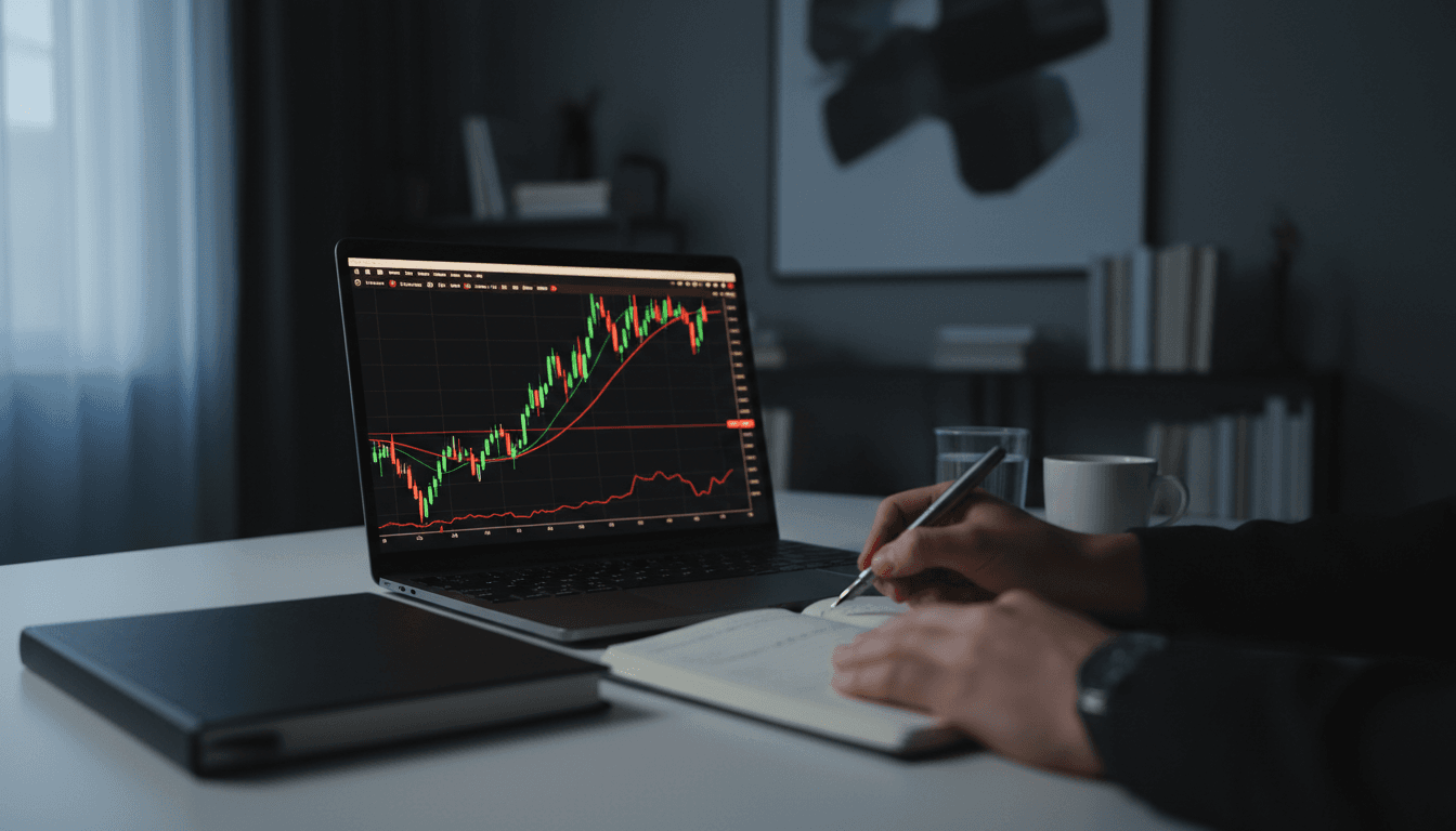 Minimalist trader workspace with laptop showing market charts in soft morning light
