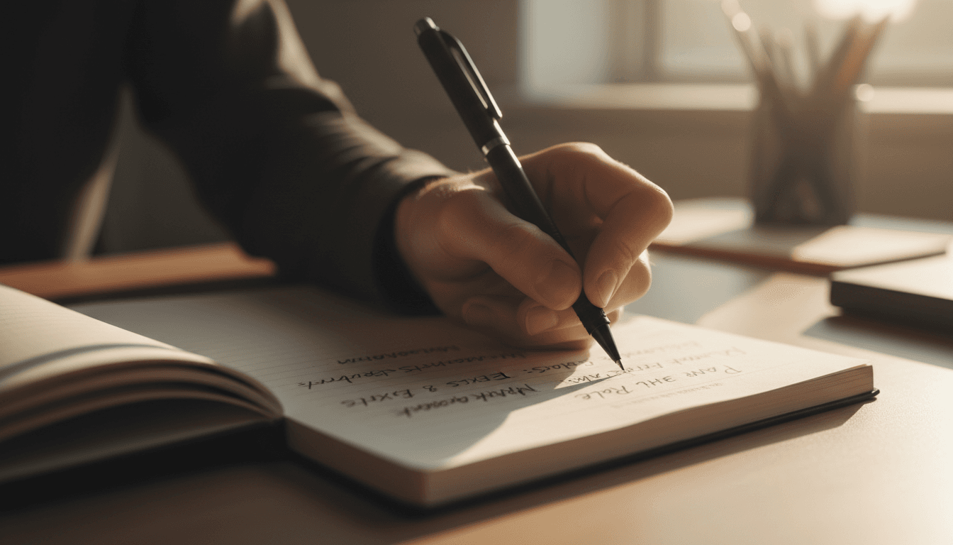 Close-up of hand writing in a trading journal