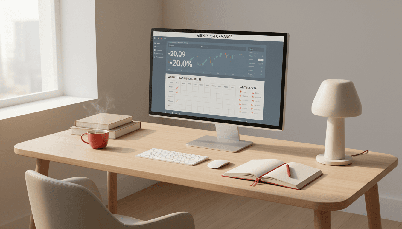 Organized trading workspace showing disciplined routine and checklist