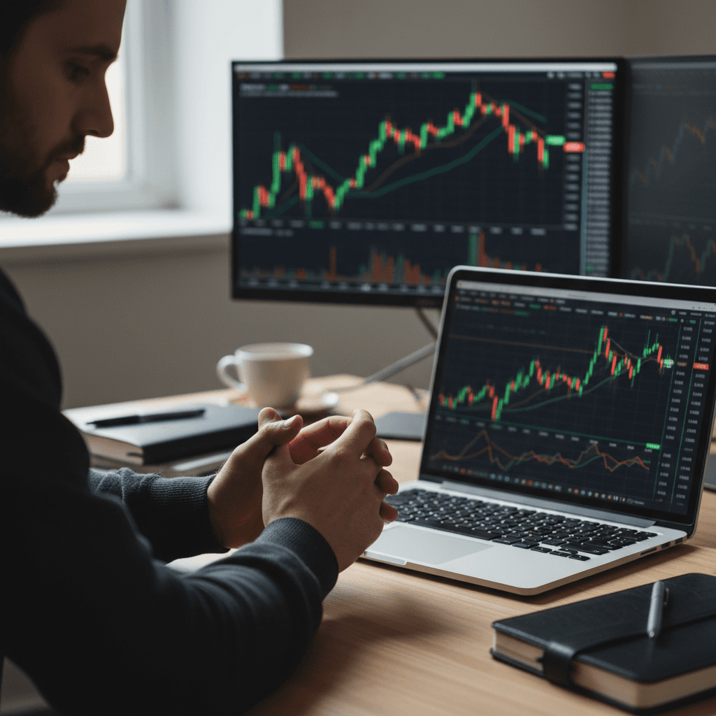 Trader pausing to analyze decision on trading platform