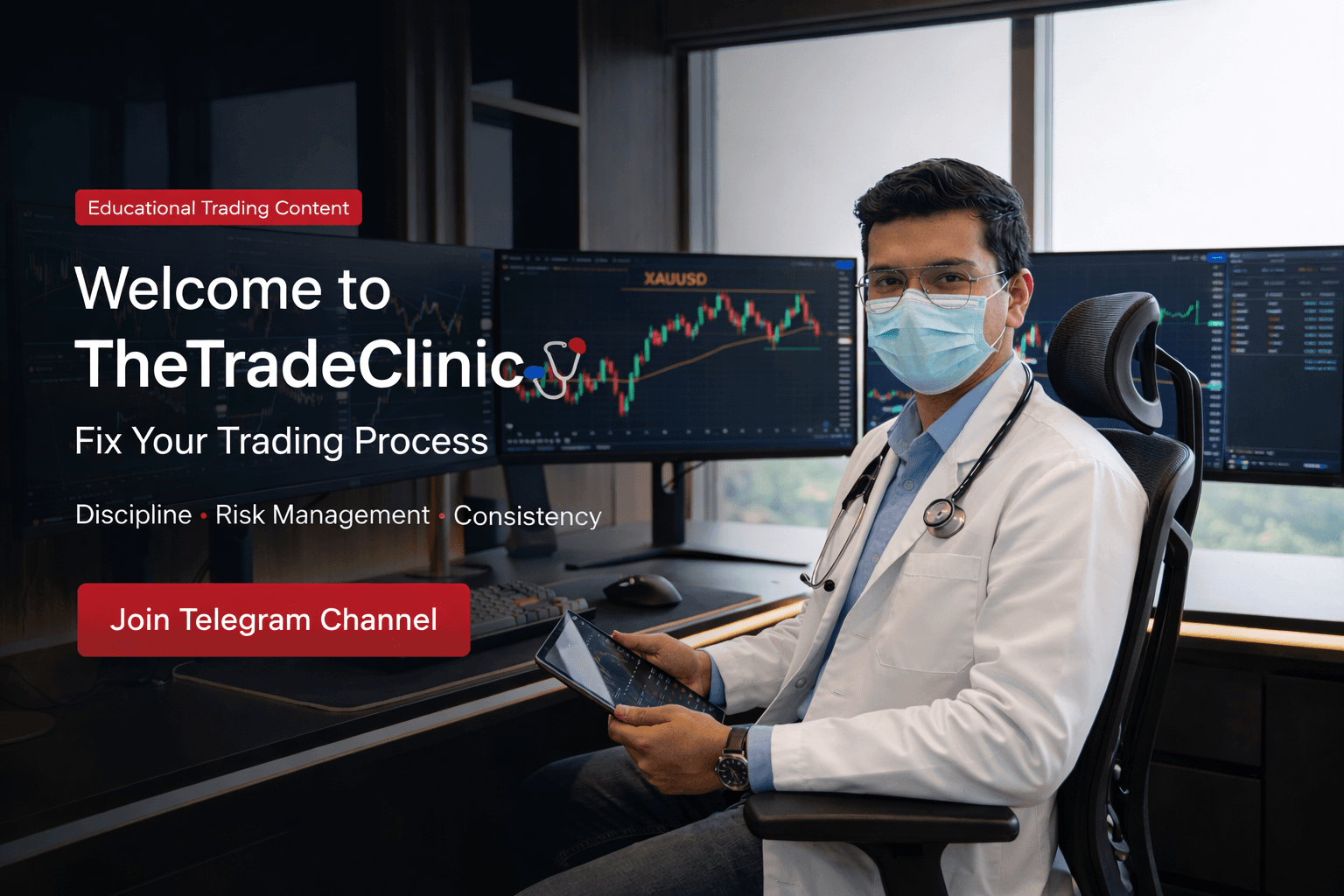 Doctor in a mask analyzing stock market charts on monitors for TheTradeClinic trading education.