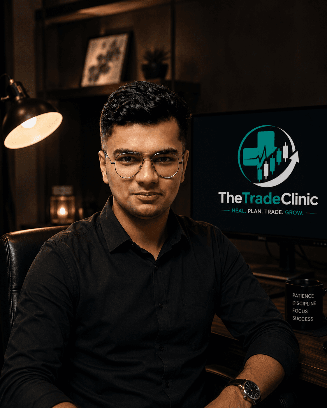Man in glasses and black shirt sitting at a desk with The Trade Clinic logo.